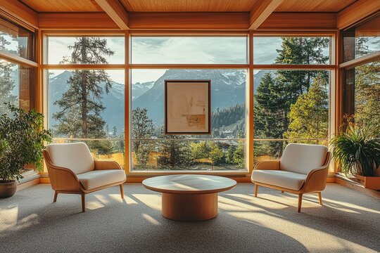 Fototapeta Two white chairs with a round table in front of a large window looking out onto a mountain range.