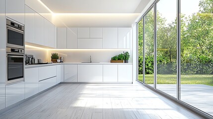 Fototapeta premium Modern kitchen with white cabinets and sleek appliances, overlooking a green garden through large windows.