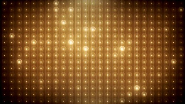 Golden disco lights background. Disco party glowing animation. VJ animation. Flicker wall lights. Night club, music video, LED screen and projector, glamour and fashion event, jazz, pop. 4k.
