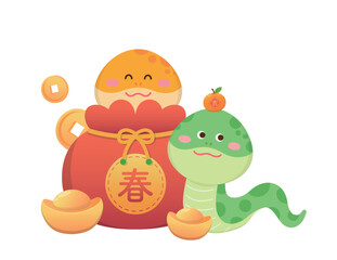 Chinese New Year snake mascot and New Year elements, money bag and gold coins and ingots and oranges, blessings and celebrations, translation: spring