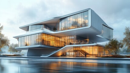 Fototapeta premium Modern architectural design with large glass windows and unique shapes.