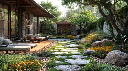 Fototapeta premium Modern Garden Design with Stone Path and Lush Greenery