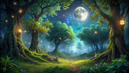 Dense foliage with gnarled tree trunks and twinkling fireflies amidst a moonlit night sky, anime, wilderness, landscape, tree