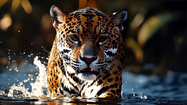 Video clip A powerful jaguar emerging from the water after a successful hunt, droplets cascading from its sleek fur, walks forwards, static camera.
