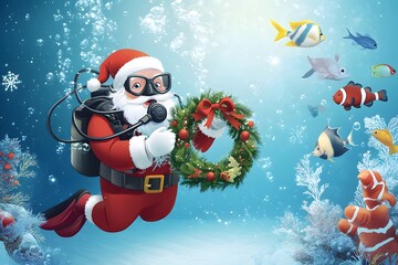 Santa claus underwater with christmas wreath