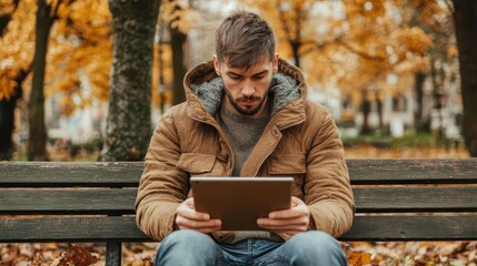 Fototapeta premium Man in a park bench, looking at his dead tablet, urban environment, tech and leisure