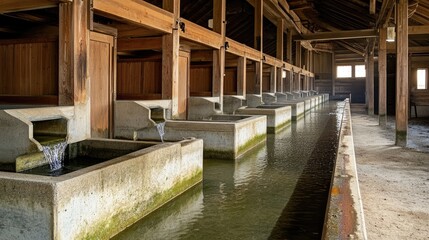 Rustic Water Troughs in a Traditional Wooden Structure