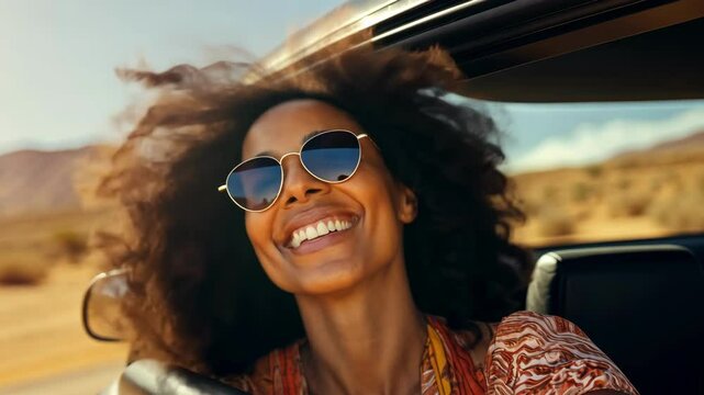 A black woman rides in a car and enjoys the views of the desert. Auto travel. Car trip.