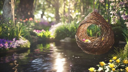 Tranquil Garden with Nest and Reflective Water