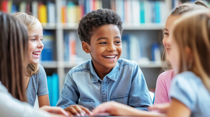 Group of happy diverse students interacting in library. Concept of learning, friendship, and diversity in education