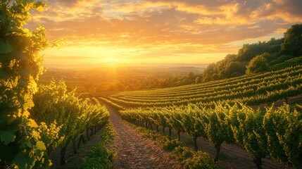 Fototapeta premium Serene vineyard landscape at sunset with lush grapevines.