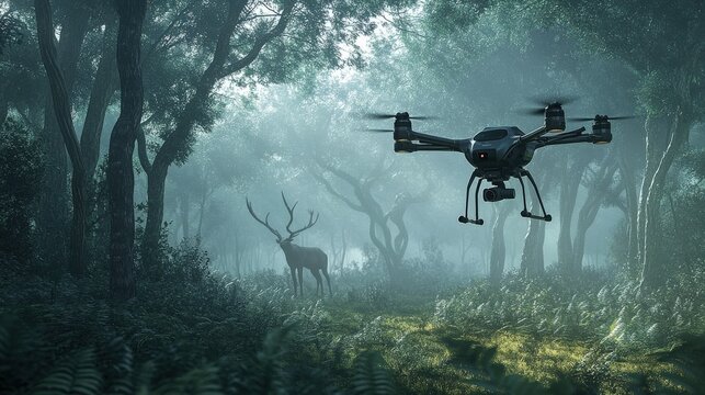 A drone monitoring an endangered species in a remote forest