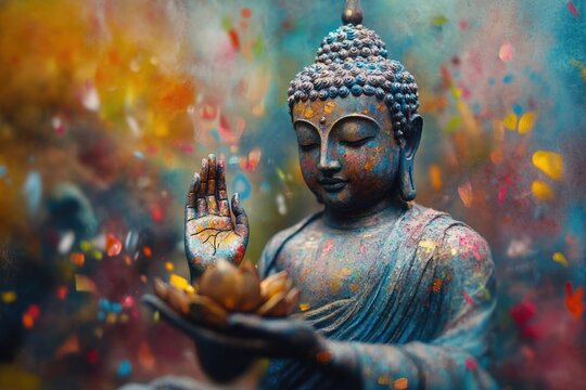 Buddha holding colorful lotus flower, oil painting	 - Powered by Adobe