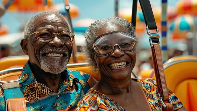 Senior couple in goggles enjoying parasailing over the ocean.