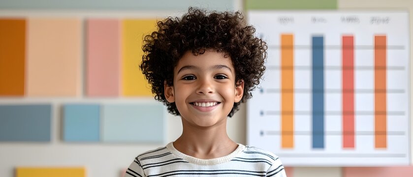 Smiling young student standing proudly in front of a colorful progress chart representing guided learning and academic achievement in an educational or classroom setting
