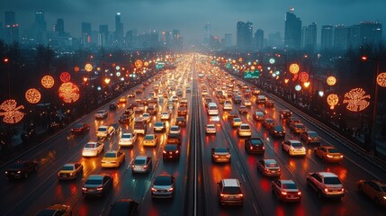 Busy urban highway illuminated by festive lights at dusk.