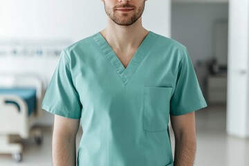 A healthcare professional stands ready, showcasing a teal medical scrub's subtle texture.  Professionalism and care.