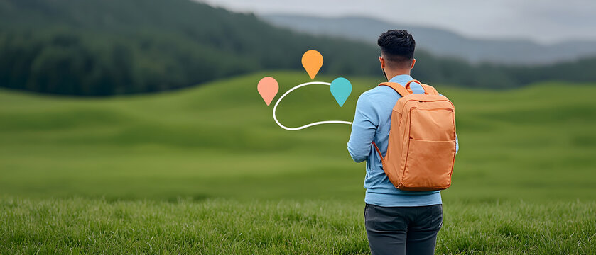Student backpacking through a scenic mountain landscape closely examining a roadmap or navigational chart depicting their educational goals plans and path to success