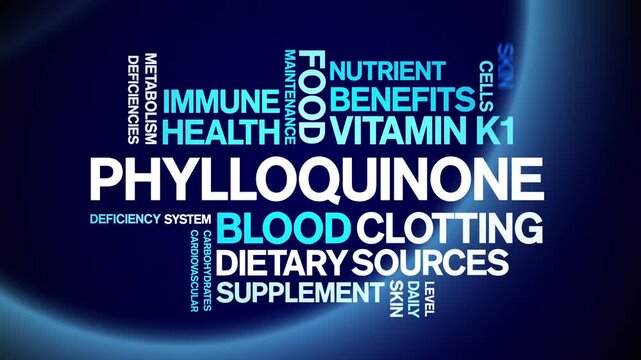 Phylloquinone Vitamin K1 animated word cloud;text design animation tag kinetic typography seamless loop.
