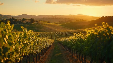 Naklejka premium A picturesque vineyard at sunset, with rows of grapevines stretching into the distance, as the golden light bathes the rolling hills in a warm glow.