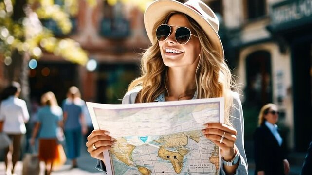 A young girl in an unfamiliar city is studying a map. Tourism.