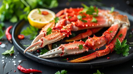 Photo of king crab legs on black plate, decorated with lemon and red chili pepper, on dark background, with greenery
