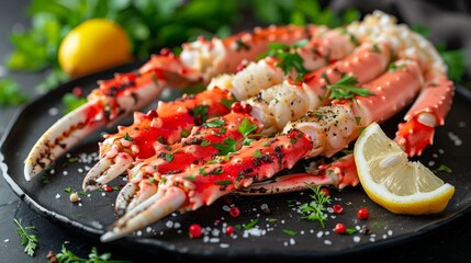 Photo of king crab legs on black plate, decorated with lemon and red chili pepper, on dark background, with greenery