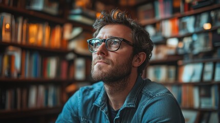 Fototapeta premium Man pondering in a cozy bookstore surrounded by shelves of books