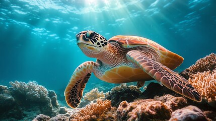 Obraz premium A green sea turtle swims through a coral reef with sunlight shining through the water.