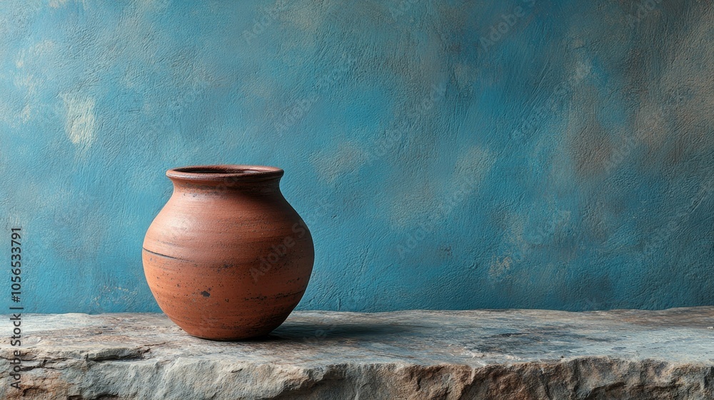 Canvas Prints A smooth ceramic vase on a textured stone table, with a rich blue wall providing depth and contrast in this minimalist scene.