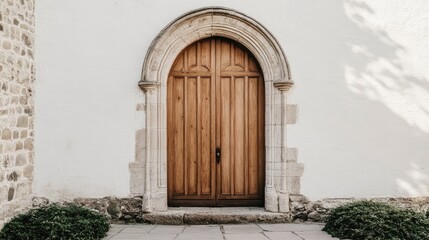 A sturdy, weathered wooden door nestled in a stone archway, with a clean white wall providing contrast for a rustic architectural scene.