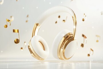 Elegant white and gold headphones surrounded by floating music notes in a light background,...