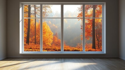 Modern window design with clean lines showcasing a late autumn landscape outside. The interior features simple, contemporary decor illuminated by bright lighting, creating an inviting atmosphere.