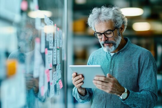 Logistics manager holding a tablet and checking inventory in a warehouse