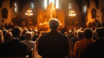People gathered for a solemn service in a historic church