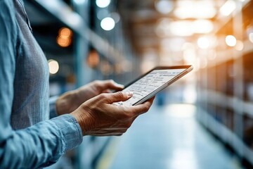 Obraz premium Logistics manager holding a tablet and checking inventory in a warehouse