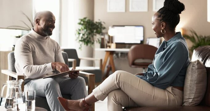 Therapist, handshake and black woman for counseling, mental health and psychology with welcome on sofa. Psychologist, consulting and shaking hands on couch for therapy, support and communication