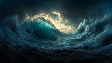 Fototapeta premium The spectacular scene seen from the wave tube of the giant waves, vivid blue and emerald green water splashing everywhere. Sunlight shines through the water, creating astonishing natural wonders.