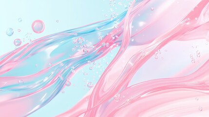 Abstract water wave in soft pink and blue hues, with bubbles floating through the fluid motion, creating a dreamy underwater effect.