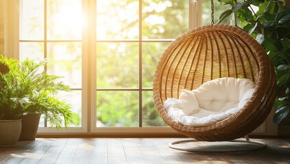 Fototapeta premium A wicker hanging chair with a white cushion, next to a large window with sunlight streaming through.