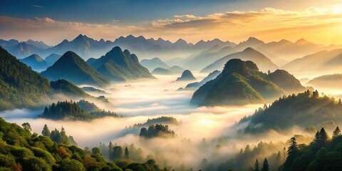Obraz premium Misty valleys and towering mountains meet in a serene landscape, tranquility, natural beauty, landscape, mist, valley