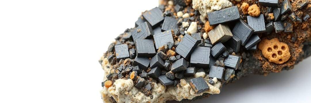 Natural goethite mineral specimen isolated on white background, earth science, crystal structure, ore