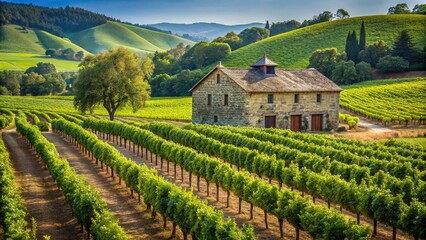 Naklejka premium Old stone winery building surrounded by lush green vineyards with rolling hills in the background, vineyard, rural landscape