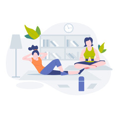 Two women exercising, one doing situps, other meditating.