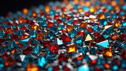Fototapeta premium a chaotic scene of scattered gemstones, with a focus on a large, flawless diamond. The vibrant colors of the gemstones, ranging from deep blue to fiery orange, create a visually striking display