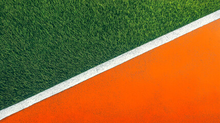 Abstract geometric background of green grass and orange surface with white line