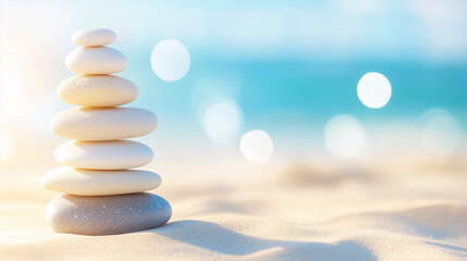 Obraz premium Zen stones are carefully balanced on soft sand, embodying tranquility by the ocean on a sunny day