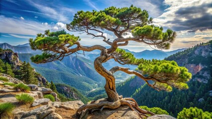 Pine tree with unique twisted trunk and gnarled branches in a scenic mountainous area, roots, branches, tree