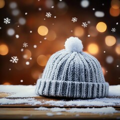 Cozy winter hat adorned with a pom-pom, surrounded by gentle snowfall and warm bokeh lights, creating a festive atmosphere.