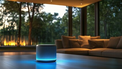 Fototapeta premium A smart speaker with a blue light sits on a coffee table in a modern living room with a couch and large windows overlooking a forest.